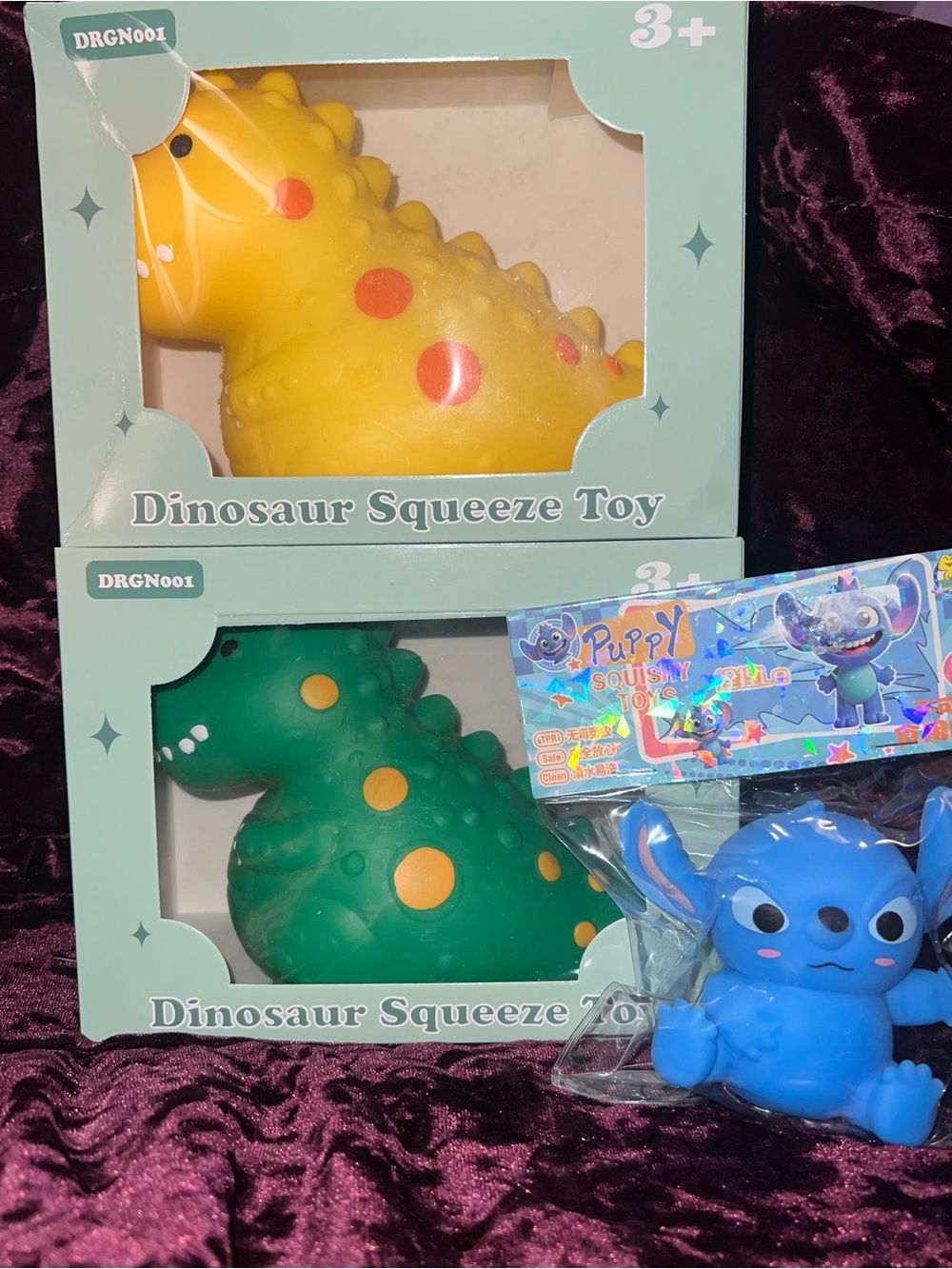 NIB 3Pc Squishy Bundle 2-Dino's 1-Stitch